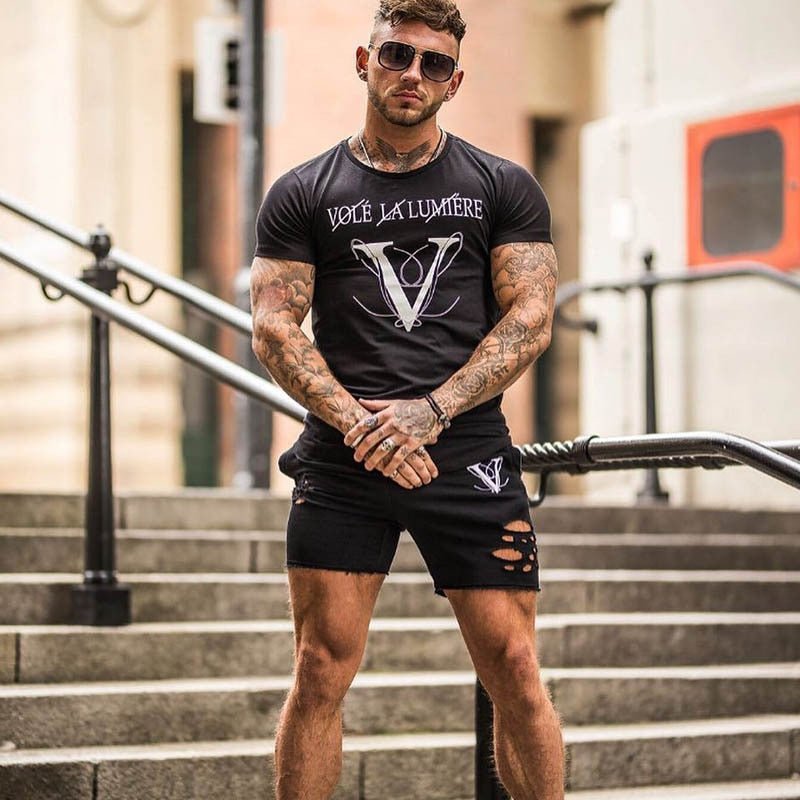 Casual Fashion Printed Gyms T-shirt Fitness Bodybuilding Short sleeve Cotton T shirts Slim Tee Top Male Workout Clothing-3