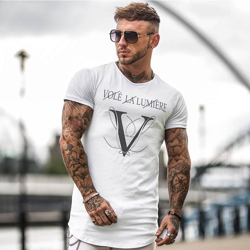 Casual Fashion Printed Gyms T-shirt Fitness Bodybuilding Short sleeve Cotton T shirts Slim Tee Top Male Workout Clothing-2
