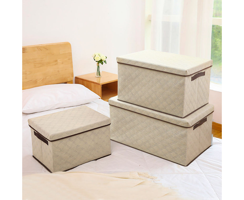 NNEAGS Medium Beige Non-Woven Diamond Quilt Grid Fabric Storage/Organizer Box-2