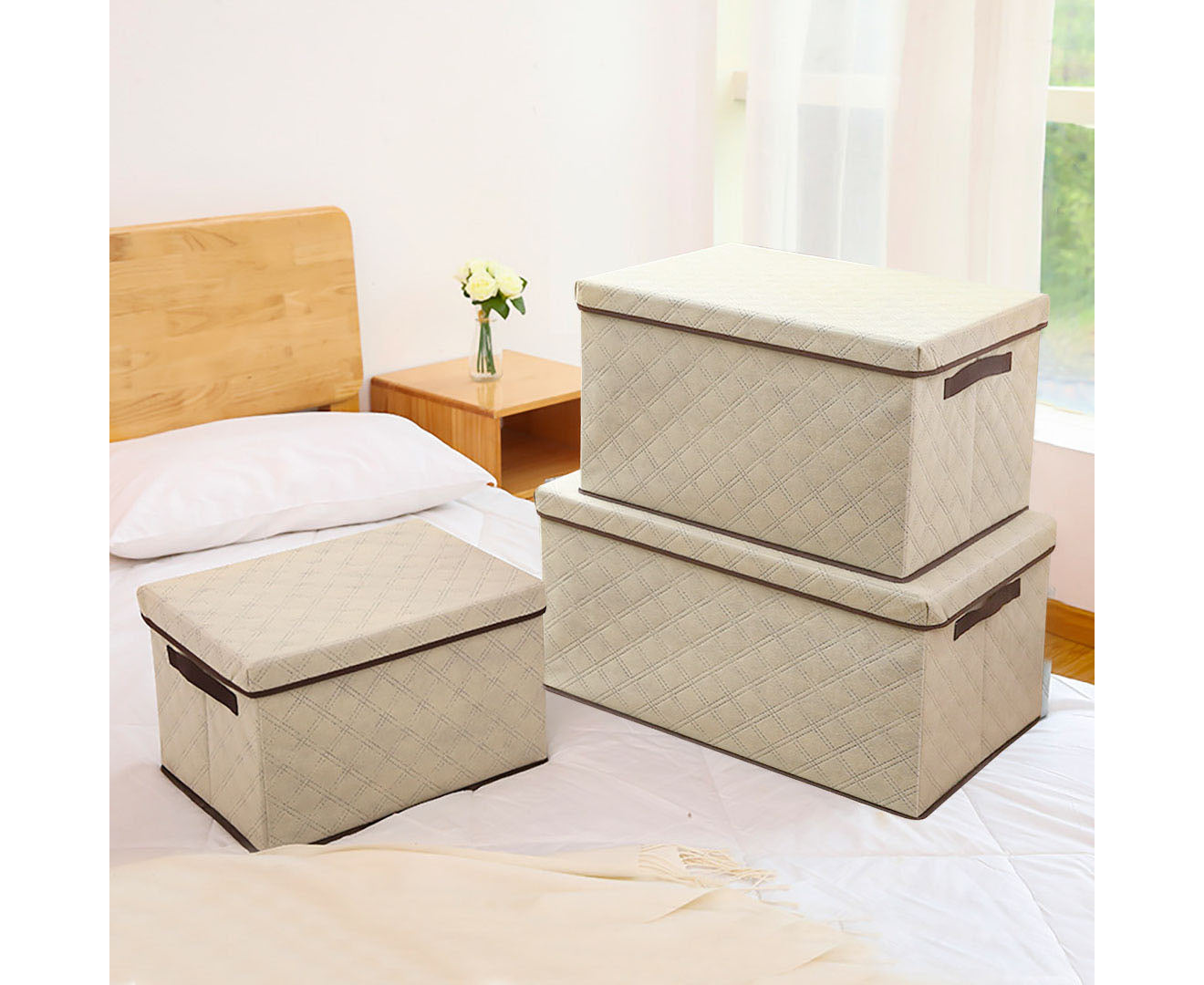 NNEAGS Medium Beige Non-Woven Diamond Quilt Grid Fabric Storage/Organizer Box-2