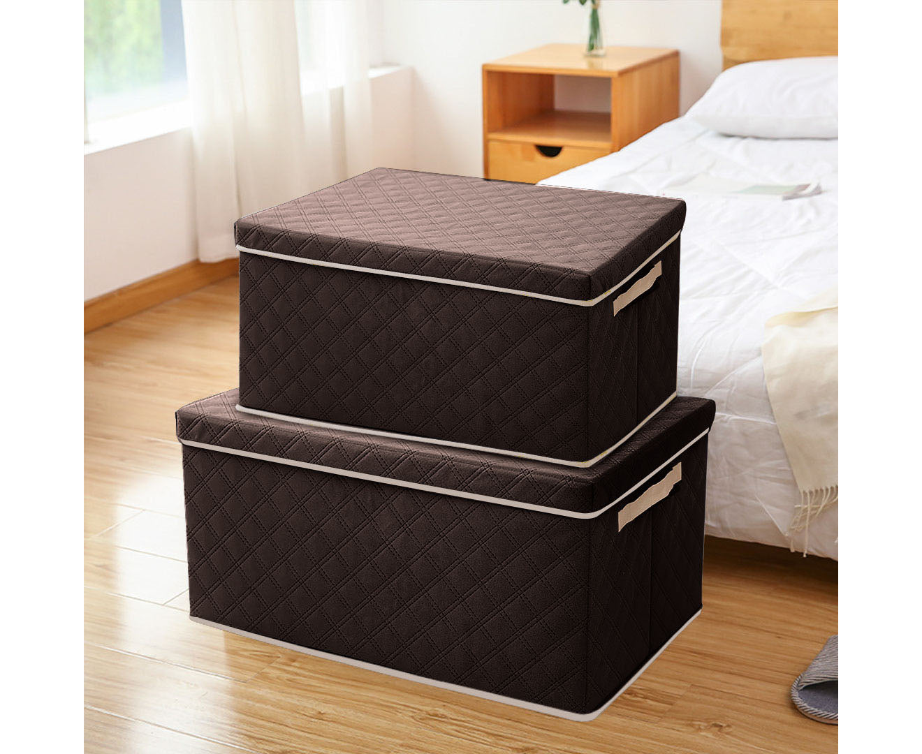 NNEAGS Extra Large Coffee Non-Woven Diamond Quilt Grid Fabric Storage/Organizer Box-2