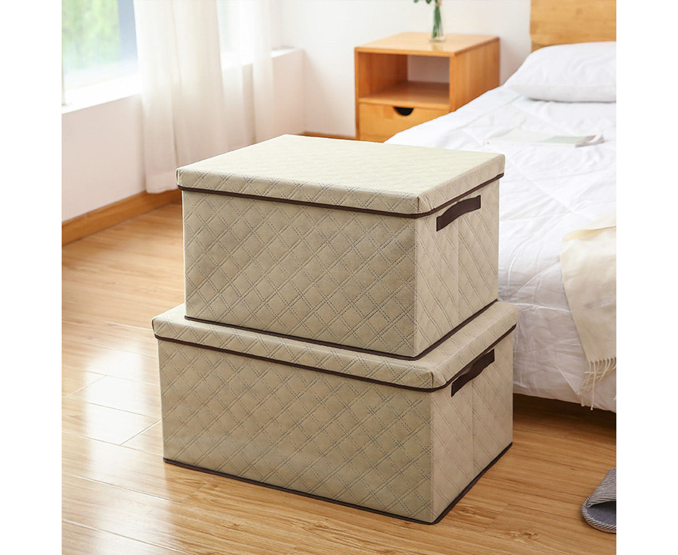 NNEAGS Medium Beige Non-Woven Diamond Quilt Grid Fabric Storage/Organizer Box-3