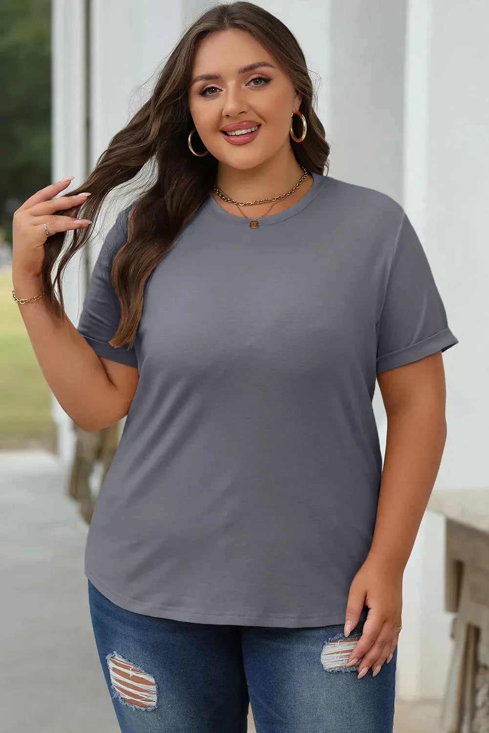 Gray Casual Plain Crew Neck Tee-4