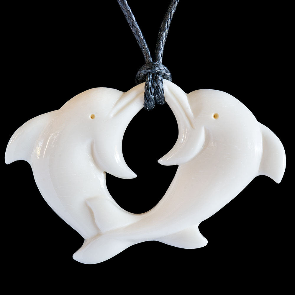 Playing Dolphins, hand-crafted bone pendant-0