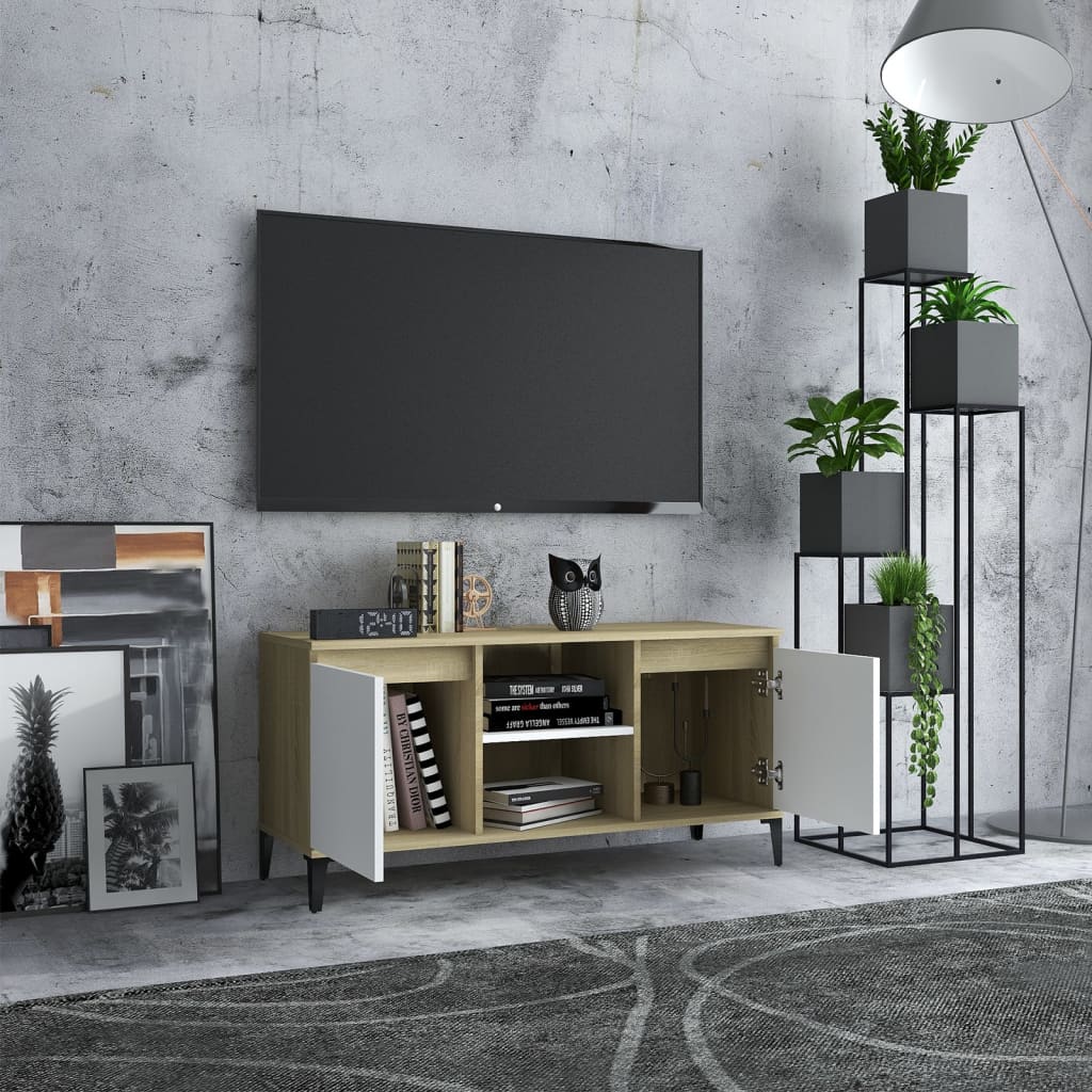 NNEVL TV Cabinet with Metal Legs White and Sonoma Oak 103.5x35x50 cm-2