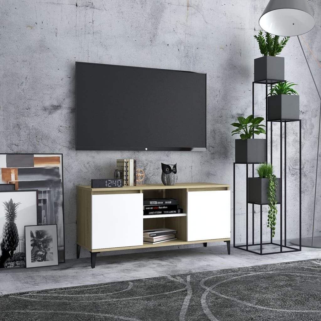 NNEVL TV Cabinet with Metal Legs White and Sonoma Oak 103.5x35x50 cm-0