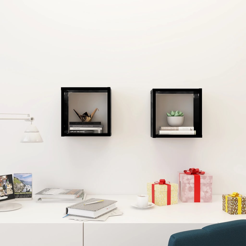 NNEVL Wall Cube Shelves 2 pcs High Gloss Black 26x15x26 cm-2