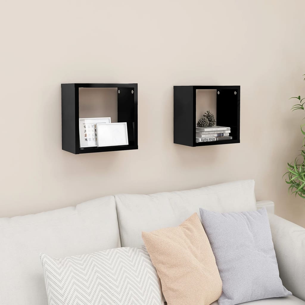 NNEVL Wall Cube Shelves 2 pcs High Gloss Black 26x15x26 cm-0