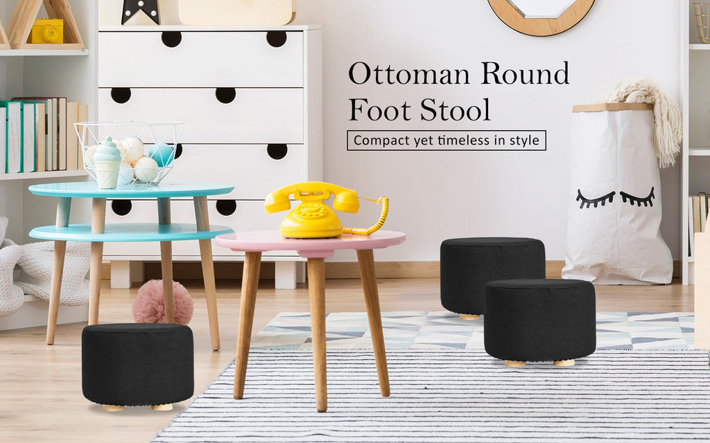 NNEDSZ Black Fabric Ottoman Round Wooden Leg Foot Stool-1