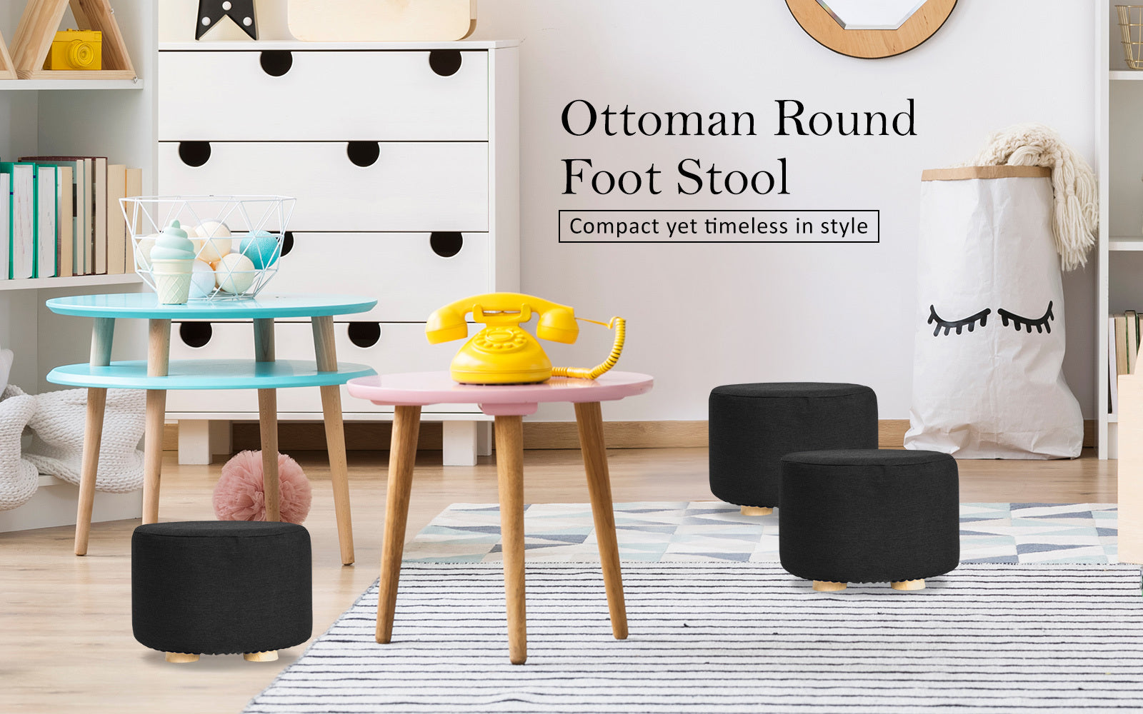 NNEDSZ Black Fabric Ottoman Round Wooden Leg Foot Stool-1