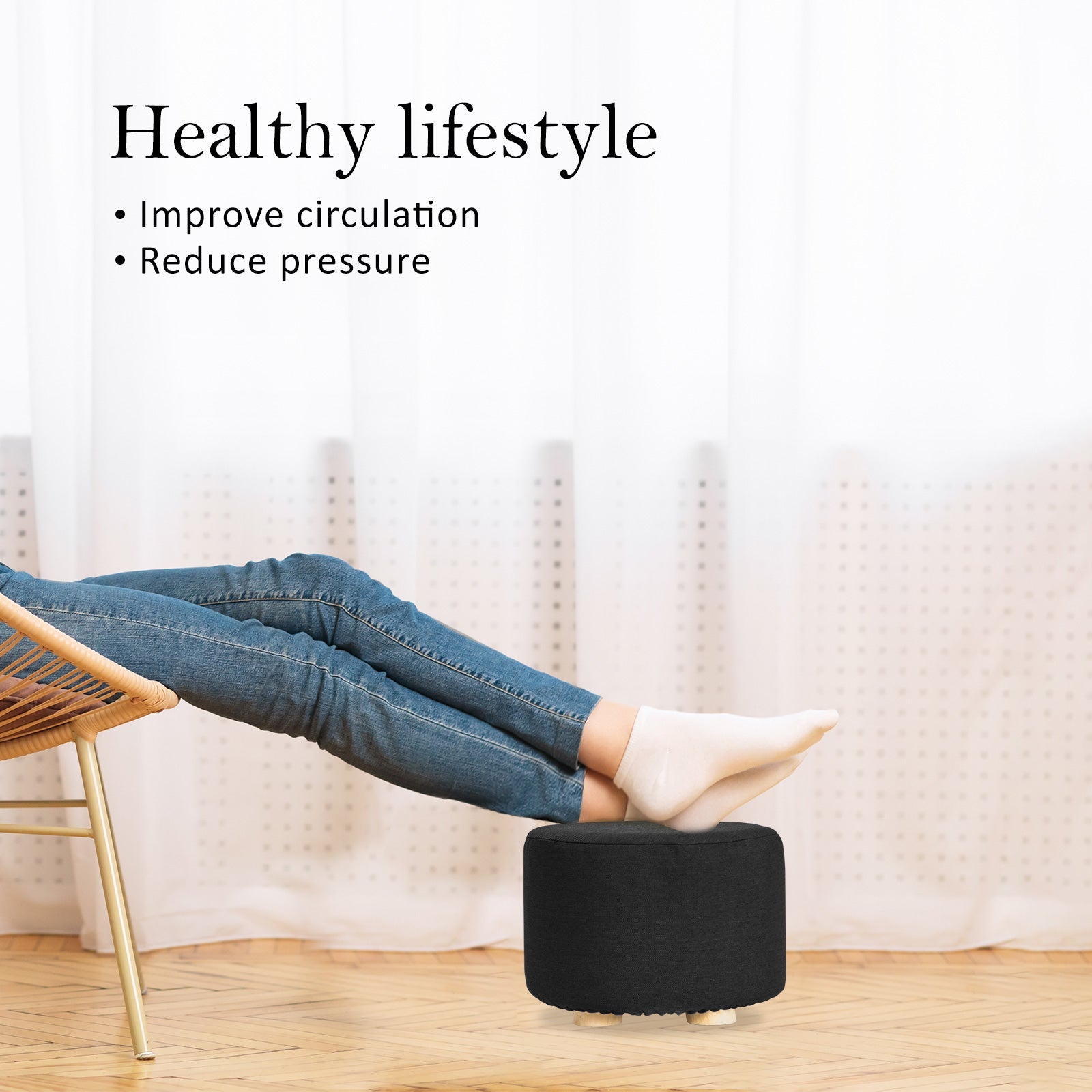 NNEDSZ Black Fabric Ottoman Round Wooden Leg Foot Stool-2