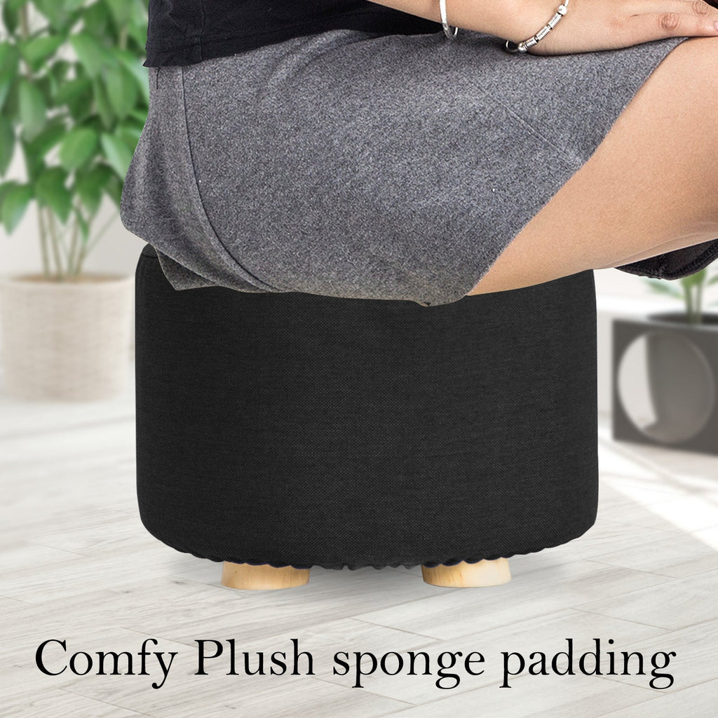 NNEDSZ Black Fabric Ottoman Round Wooden Leg Foot Stool-4