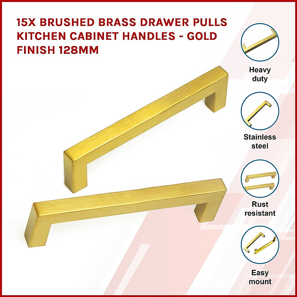 NNEDSZ 15x Brushed Brass Drawer Pulls Kitchen Cabinet Handles - Gold Finish 128mm-2