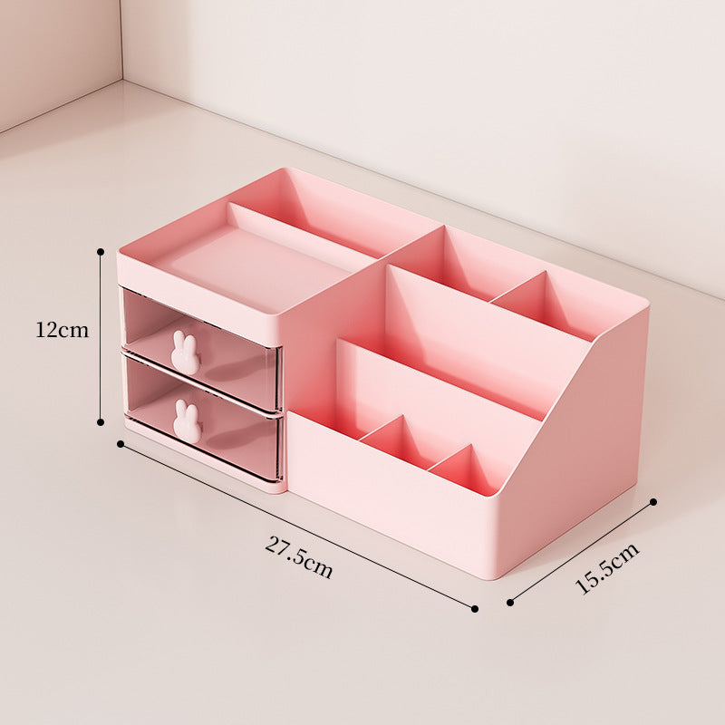 NNEDSZ Pink Drawer-Style Cosmetic Organizer - Multifunctional Jewelry Storage Box for Desk - Minimalist Desk Organizer for Students-0