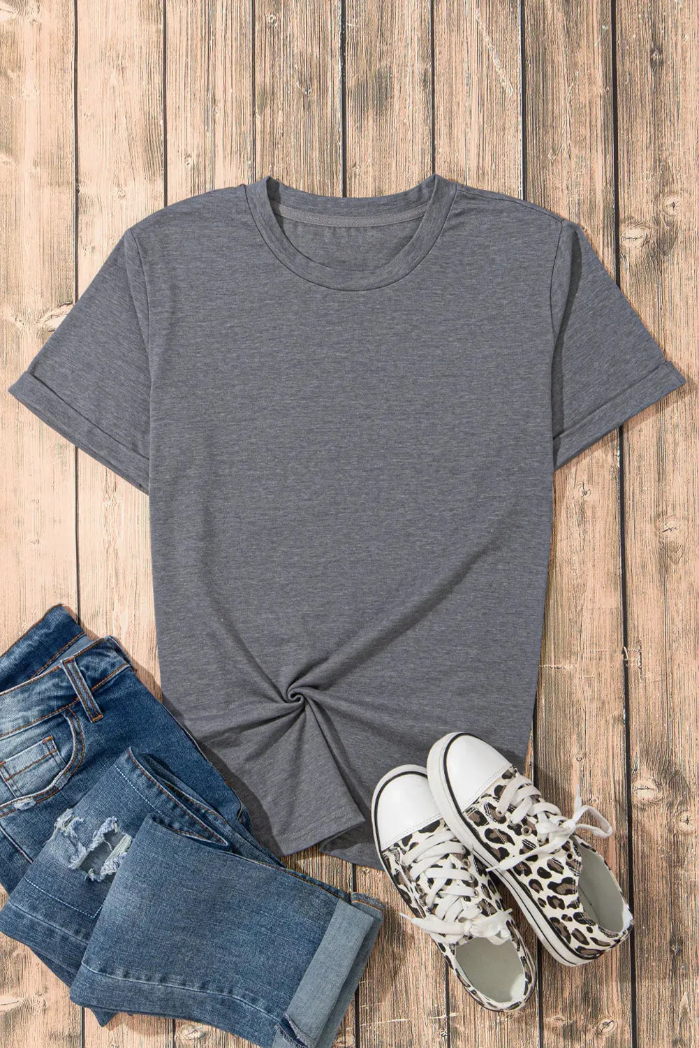 Gray Casual Plain Crew Neck Tee-0