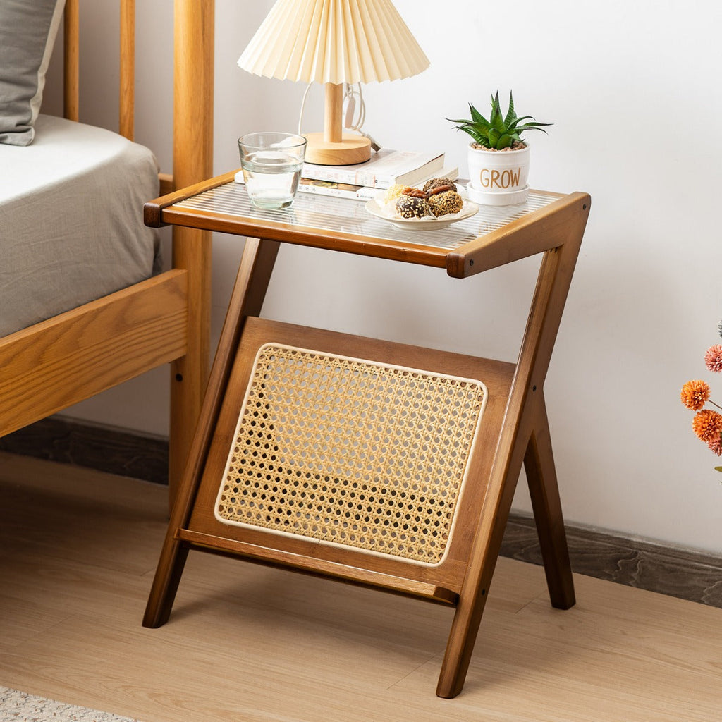 NNECW Z-shaped Boho Bamboo End Table with Tempered Glass Top-Brown-0