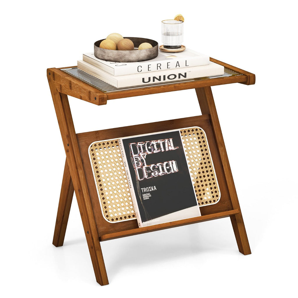 NNECW Z-shaped Boho Bamboo End Table with Tempered Glass Top-Brown-1