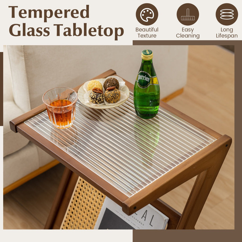NNECW Z-shaped Boho Bamboo End Table with Tempered Glass Top-Brown-2