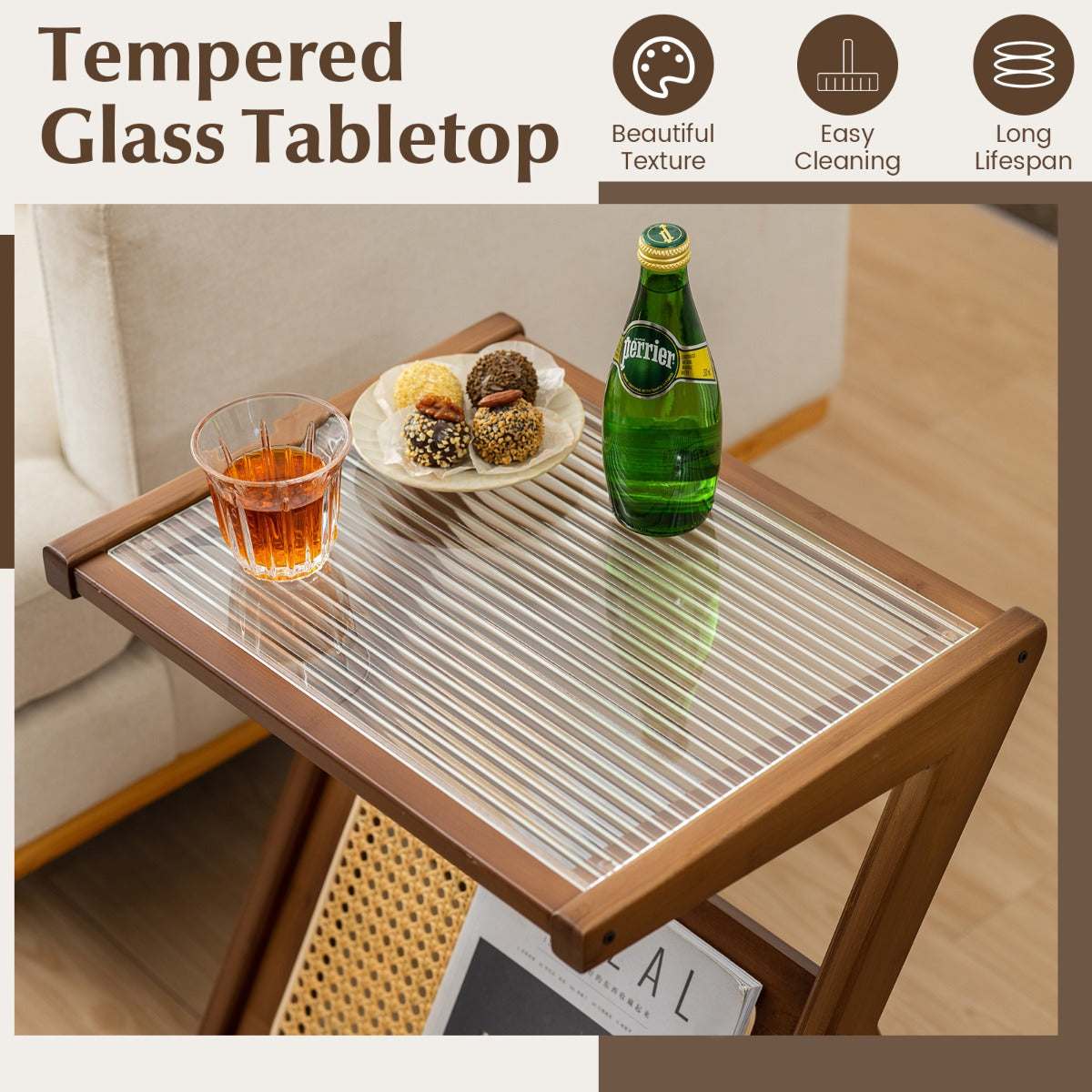 NNECW Z-shaped Boho Bamboo End Table with Tempered Glass Top-Brown-2