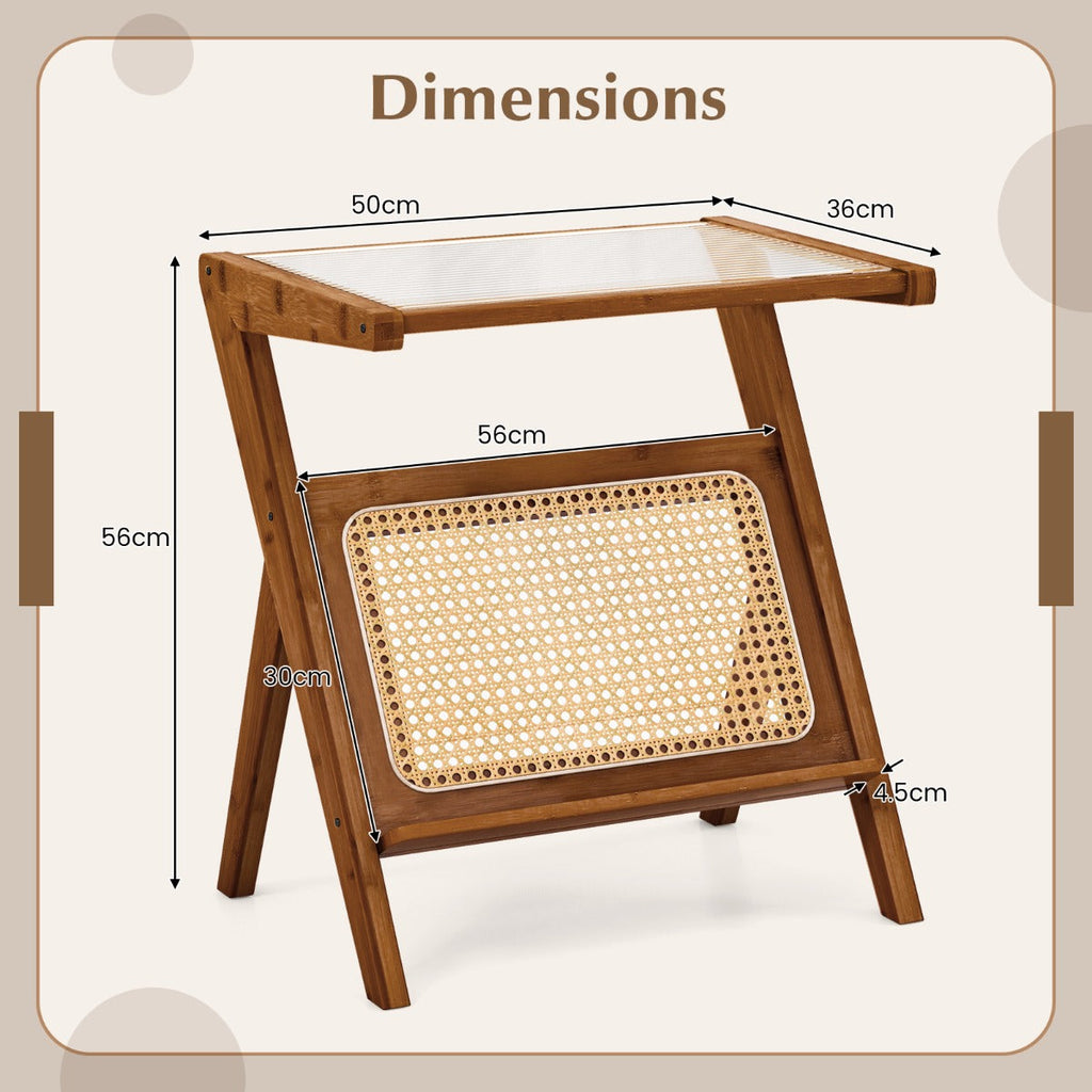 NNECW Z-shaped Boho Bamboo End Table with Tempered Glass Top-Brown-3