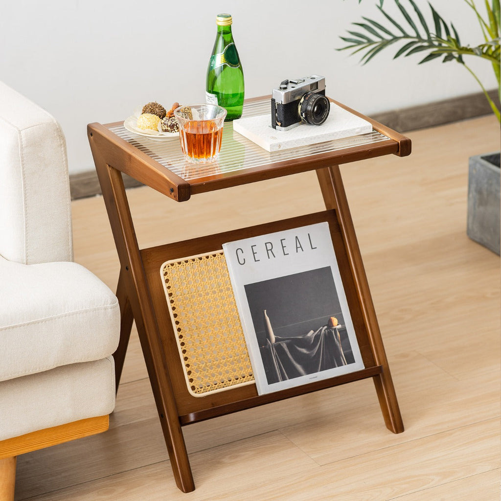 NNECW Z-shaped Boho Bamboo End Table with Tempered Glass Top-Brown-4