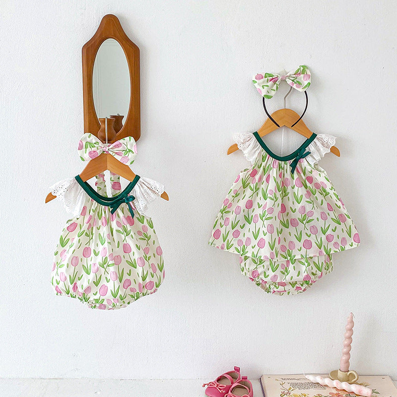 Summer Girls Flowers Pattern Sleeveless Hollow Out Lace Strap Onesies And Clothing Set – Sister Matching Clothing Set-3