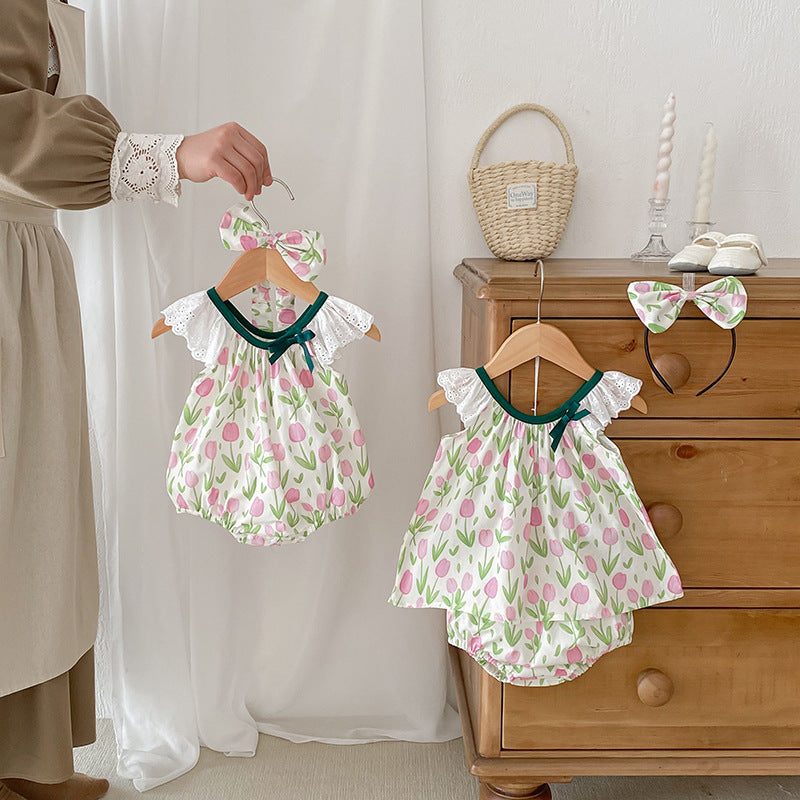 Summer Girls Flowers Pattern Sleeveless Hollow Out Lace Strap Onesies And Clothing Set – Sister Matching Clothing Set-4