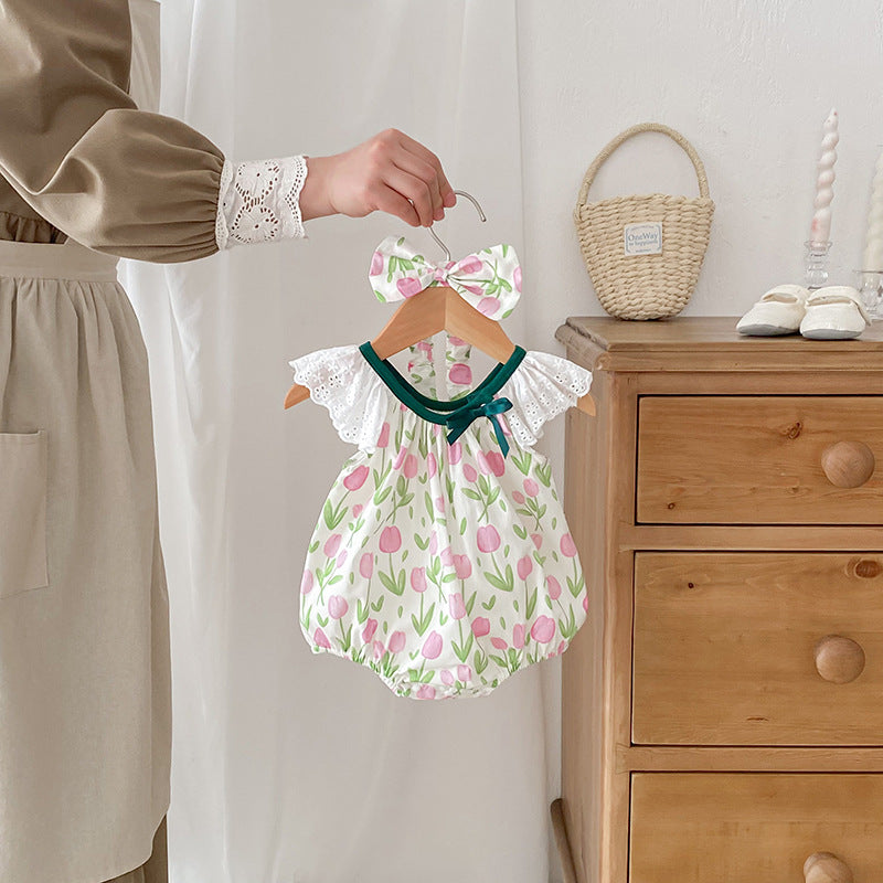 Summer Girls Flowers Pattern Sleeveless Hollow Out Lace Strap Onesies And Clothing Set – Sister Matching Clothing Set-2