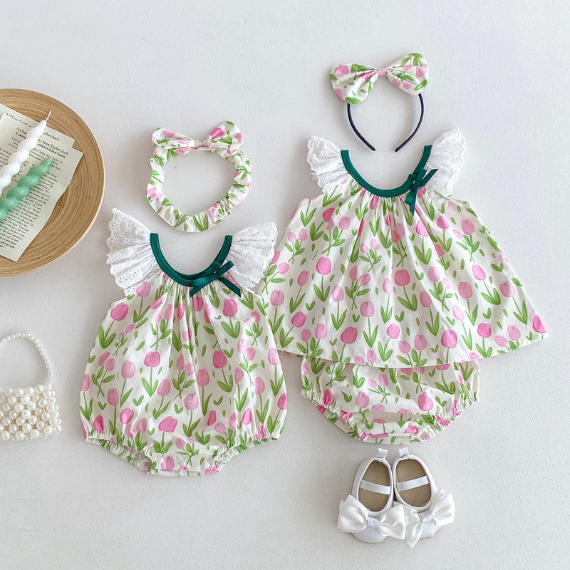 Summer Girls Flowers Pattern Sleeveless Hollow Out Lace Strap Onesies And Clothing Set – Sister Matching Clothing Set-0