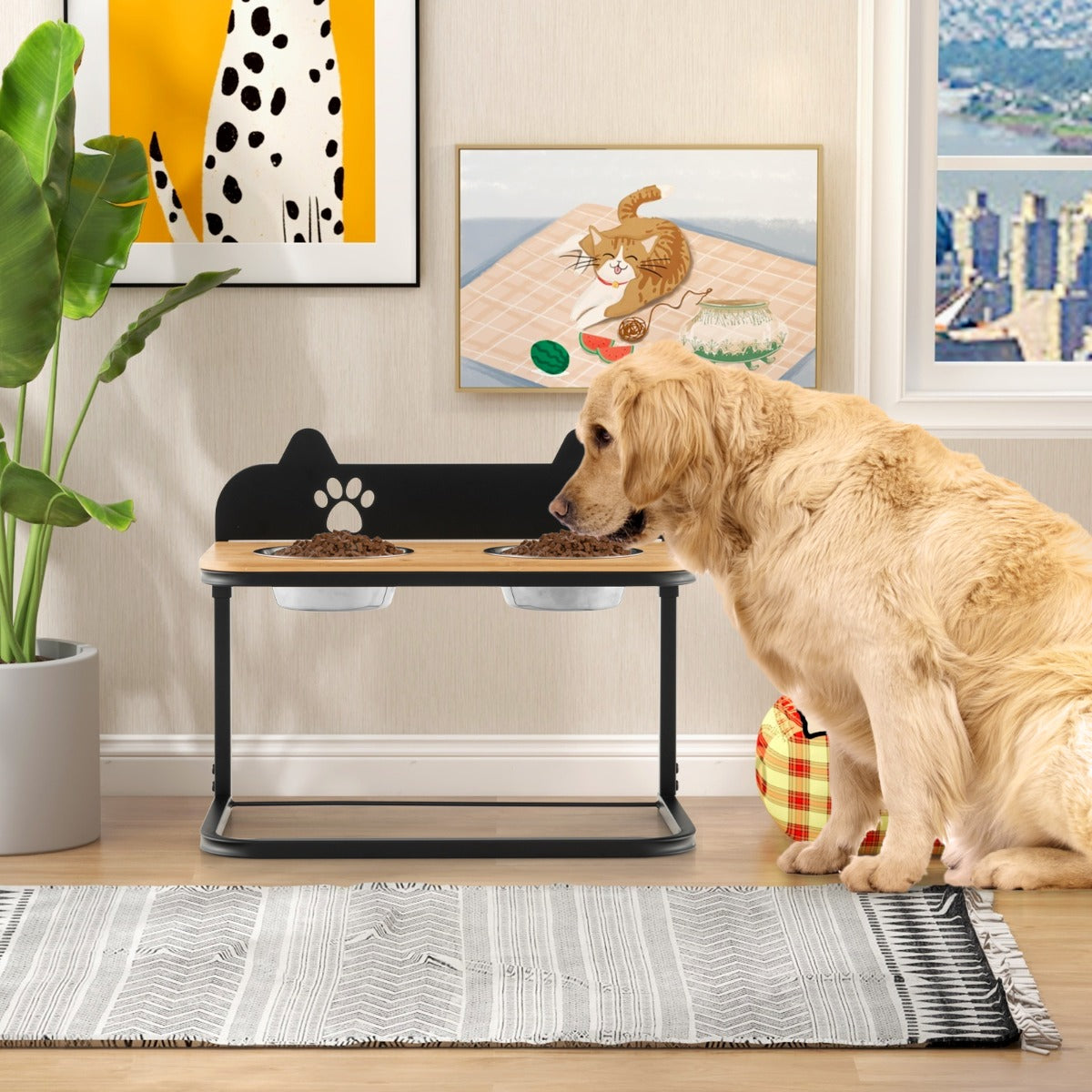 NNECW Metal Raised Dog Bowl Stand with 2 Stainless Steel Food Water Bowls for Medium/Large Dogs-0