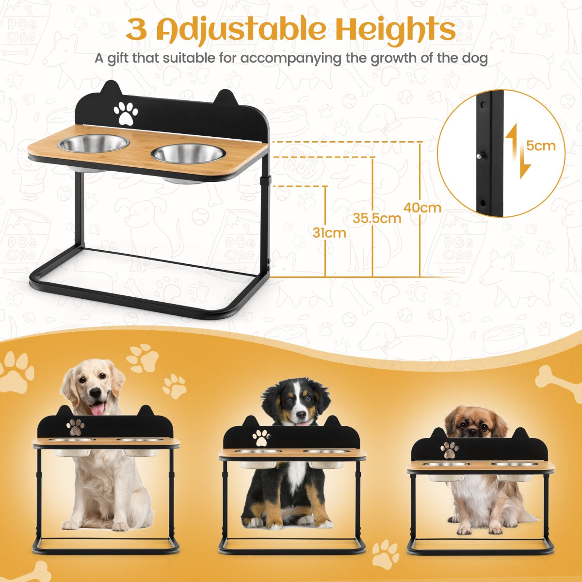 NNECW Metal Raised Dog Bowl Stand with 2 Stainless Steel Food Water Bowls for Medium/Large Dogs-2