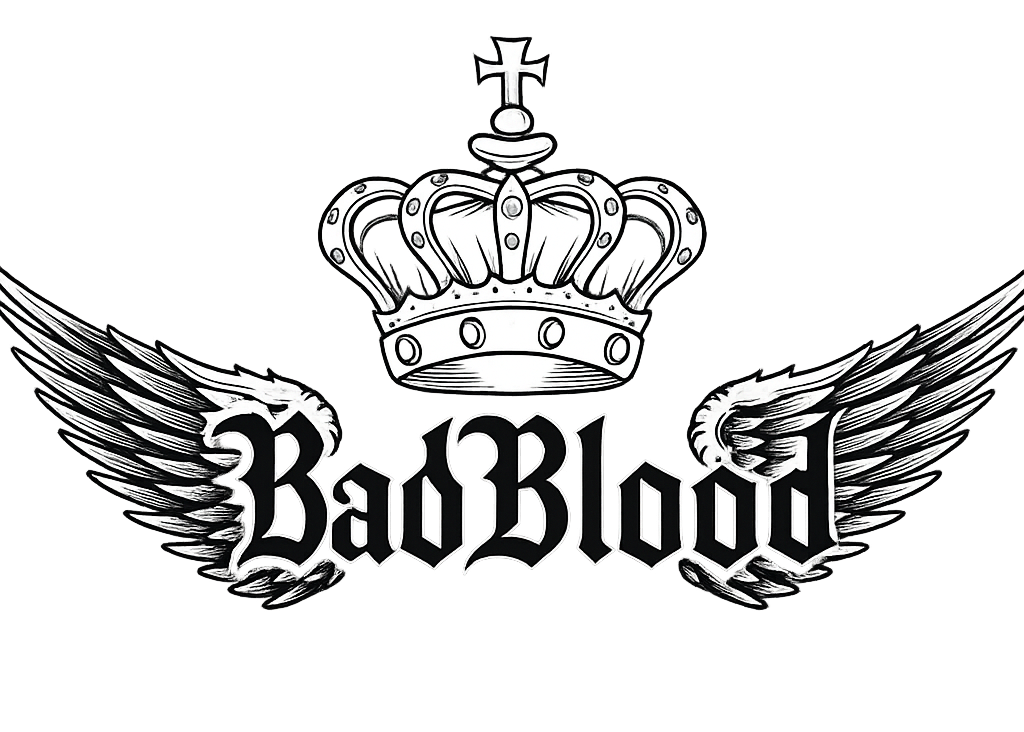 Logo with crown, wings, and 'Bad BloodClothing' text on a white, png background 